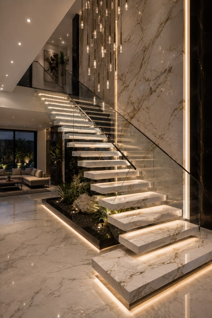 Escada em mármore com degraus iluminados por LED — Rocha Mármores